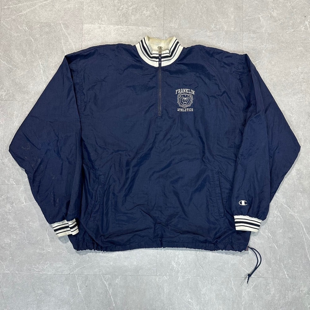 Champion Franklin Athletics Vintage Navy Blue Quarter Zip Windbreaker XL 4764